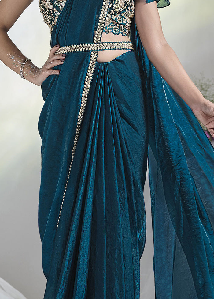 Teal Blue Satin Silk Saree With Blouse Piece Discounts Cheap Pice