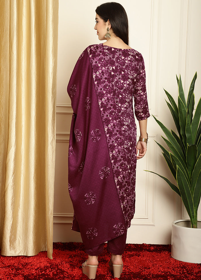 3 Pc Wine Unstitched Pashmina Suit Set Cheap Sale 100% Original