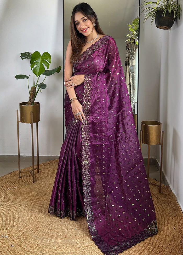 Wine Spun Silk Saree With Blouse Piece Authentic For Sale