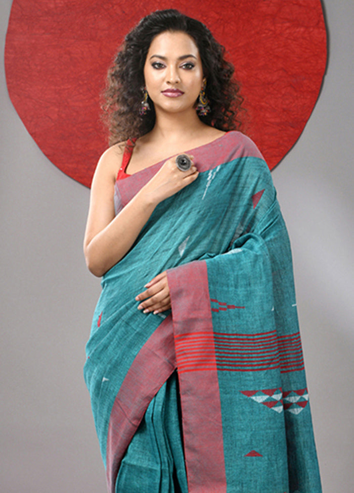 Teal Linen Silk Saree With Blouse Piece Limited Edition Cheap Pice