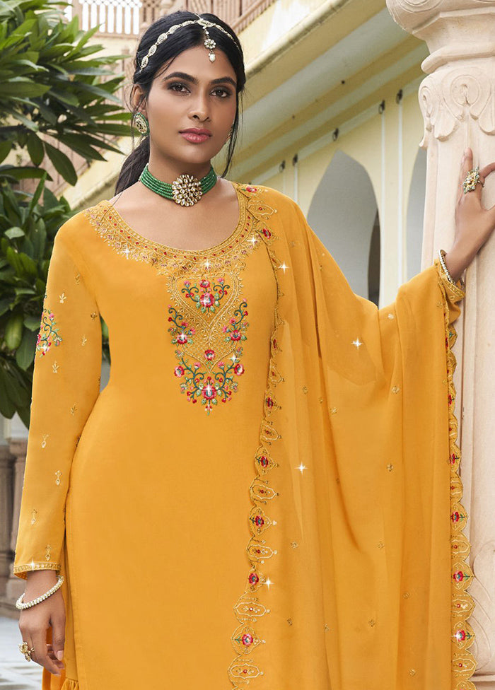 3 Pc Yellow Semi Stitched Georgette Suit Set Pay With Paypal Online