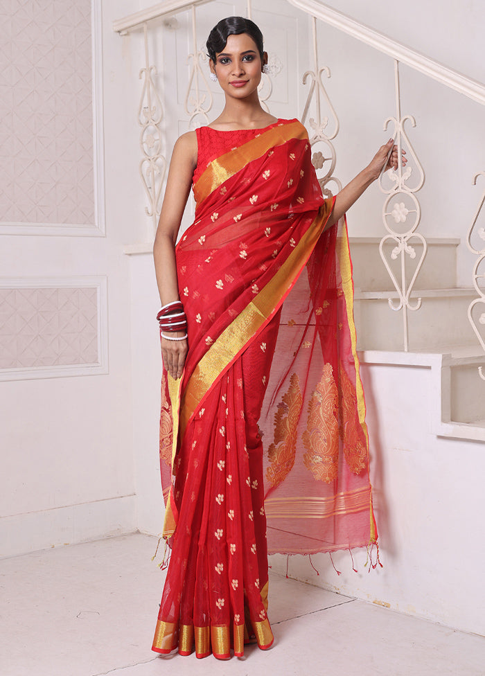 Red Pure Cotton Saree With Blouse Piece Discount Collections