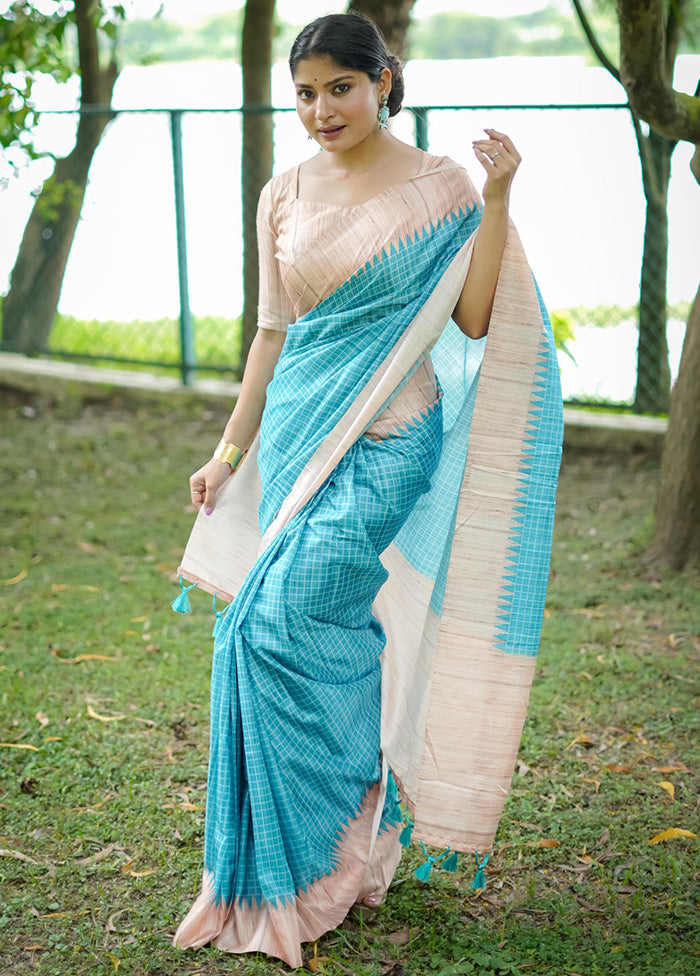 Sky Blue Tussar Silk Saree With Blouse Piece Outlet Choice