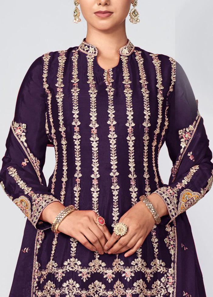 3 Pc Violet Semi Stitched Silk Suit Set With Paypal Sale Online