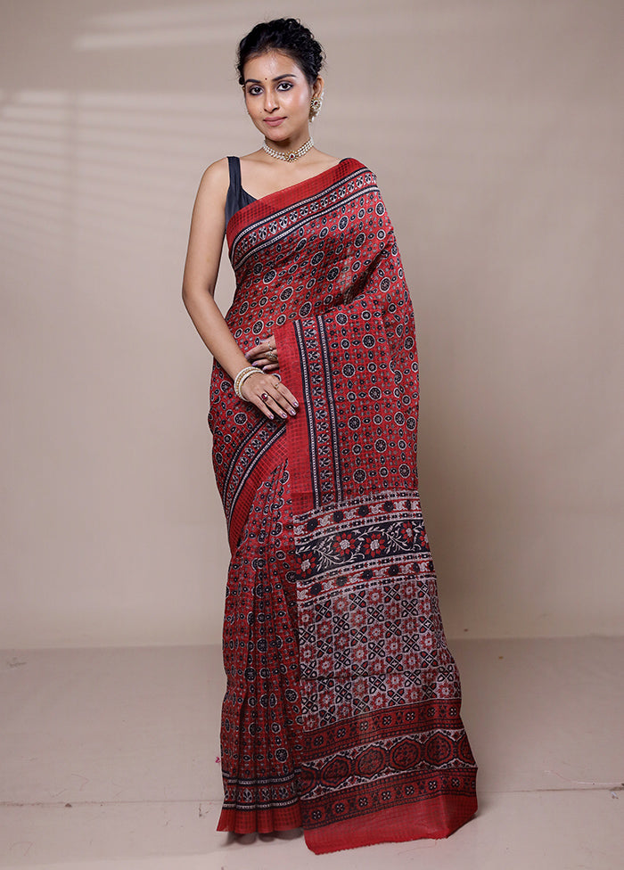 Red Printed Pure Silk Saree Without Blouse Piece Cheap Pirce