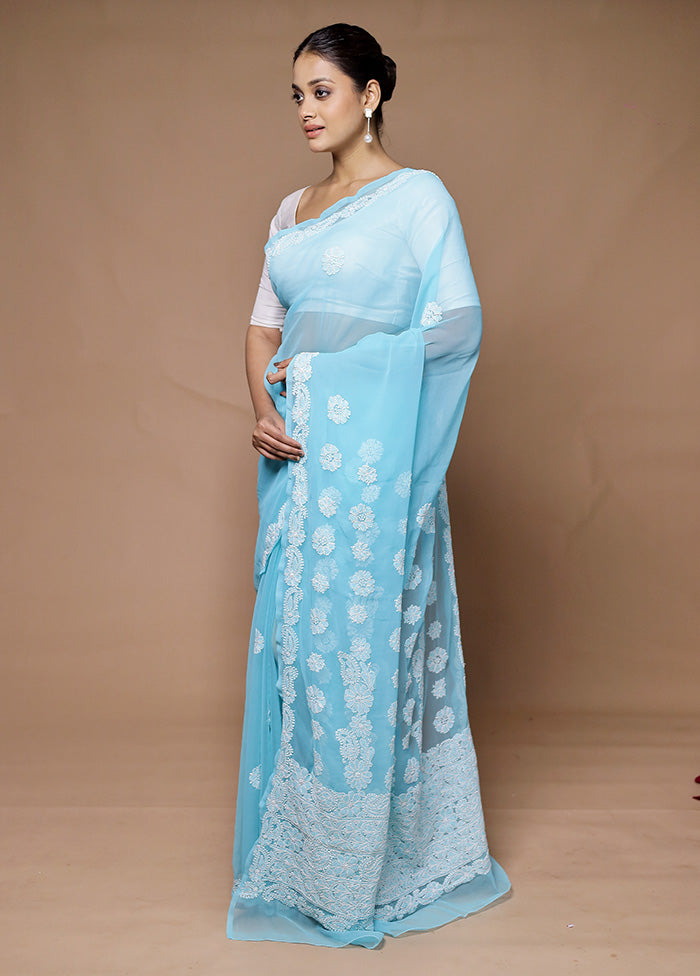 Blue Pure Cotton Saree With Blouse Piece Outlet Discount Authentic