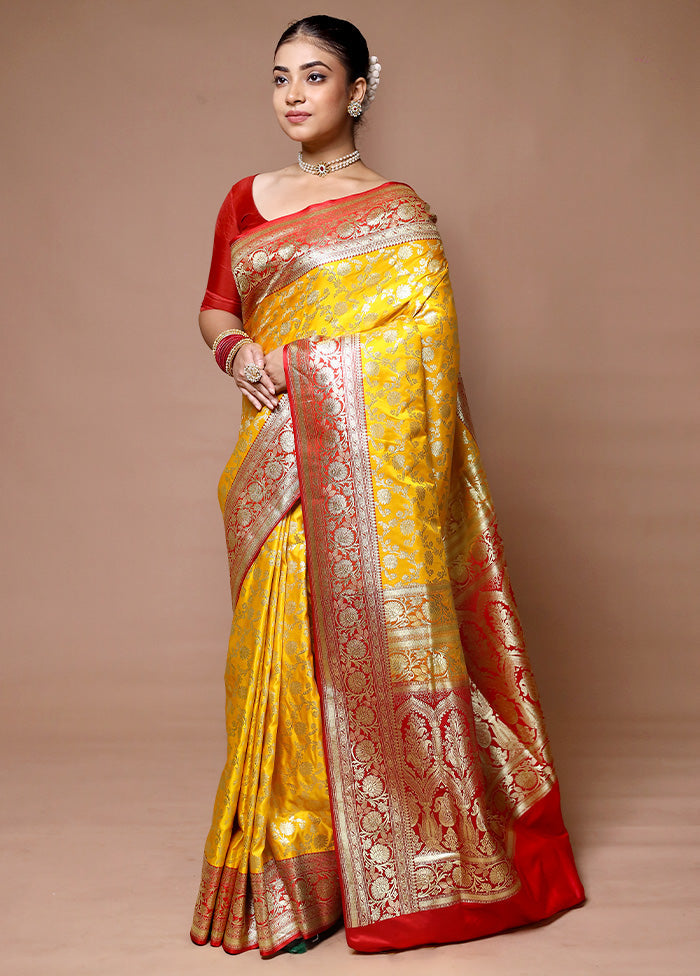 Yellow Handloom Banarasi Pure Silk Saree With Blouse Piece Sale New Styles