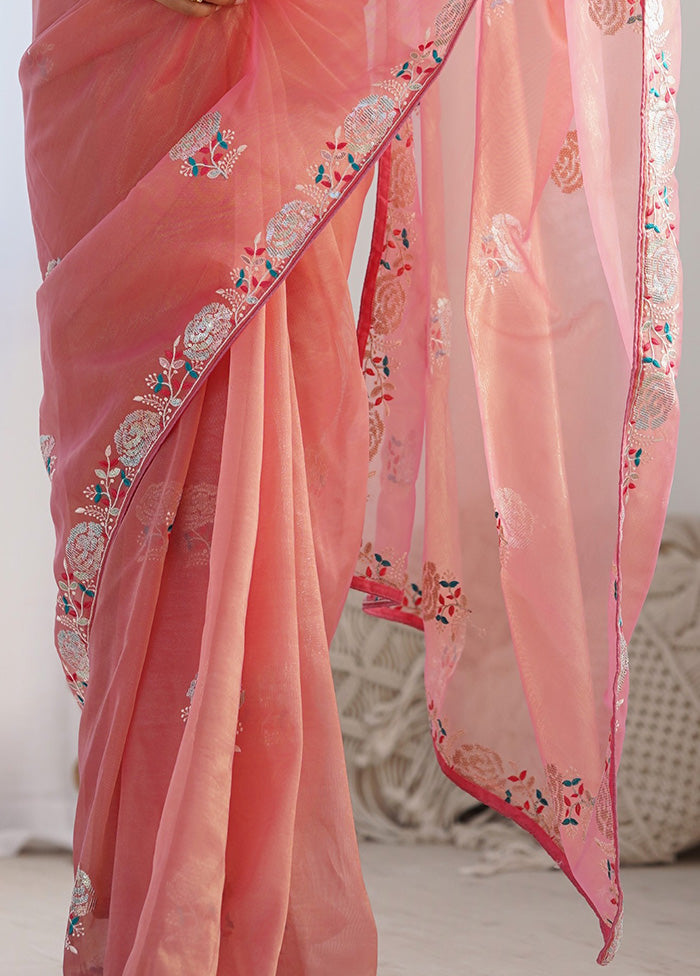 Peach Net Net Saree With Blouse Piece Outlet Discount Authentic