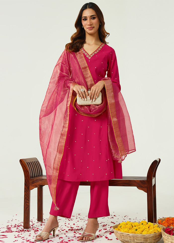 3 Pc Pink Readymade Chanderi Dupatta Suit Set Cheap Fake