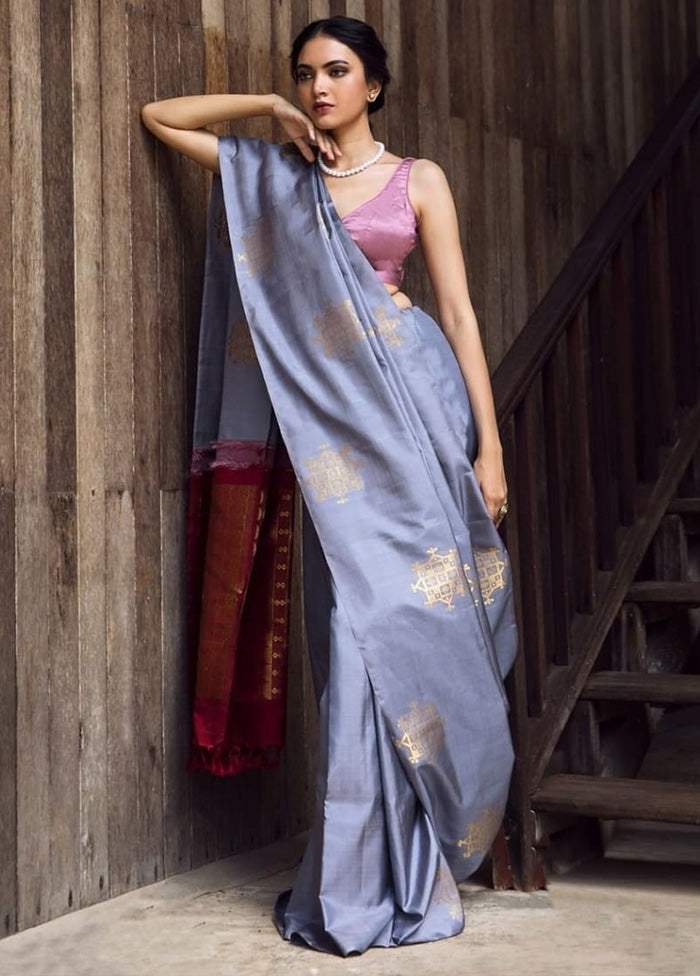 Grey Banarasi Silk Saree With Blouse Piece Browse For Sale