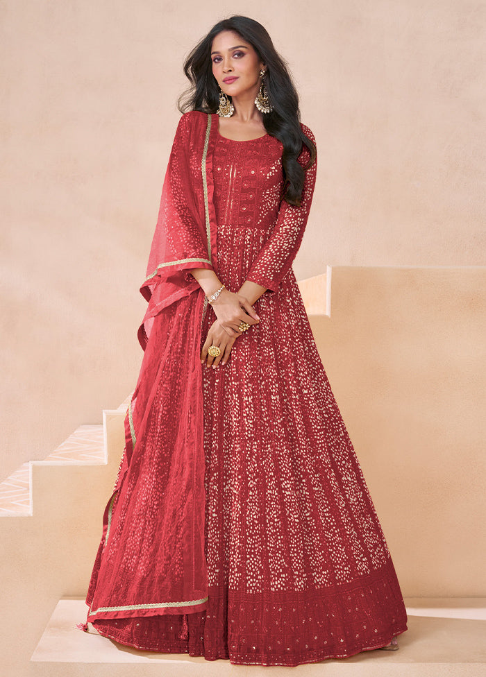 3 Pc Red Semi Stitched Georgette Suit Set Excellent