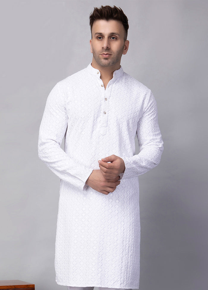 White Viscose Embroidered Knee Length Kurta Outlet Best Seller