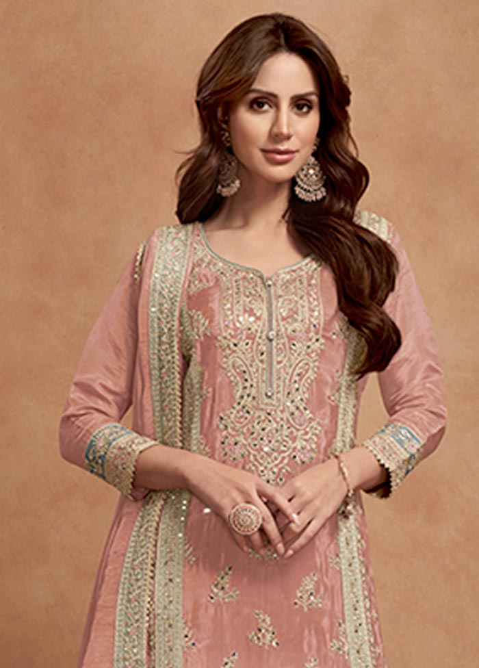 3 Pc Peach Semi Stitched Silk Suit Set Wholesale Pice Cheap Pice