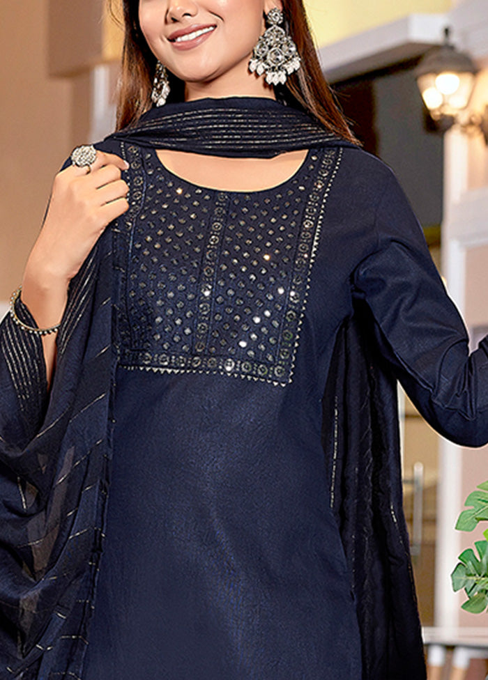 3 Pc Navy Blue Readymade Cotton Suit Set How Much Sale Online