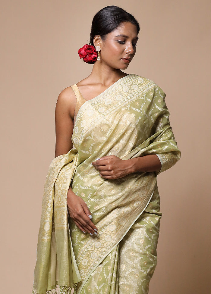 Green Tissue Silk Saree With Blouse Piece Outlet New Styles