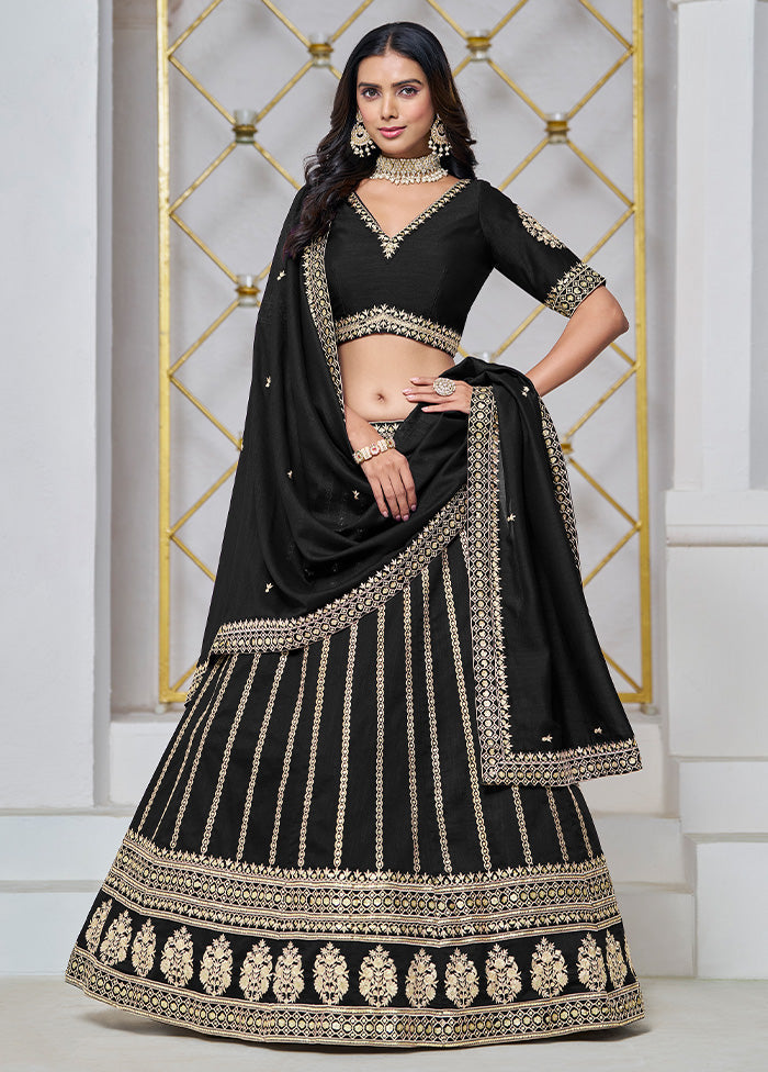 3 Pc Black Silk Semi Stitched Lehenga Set With Mastercard Online