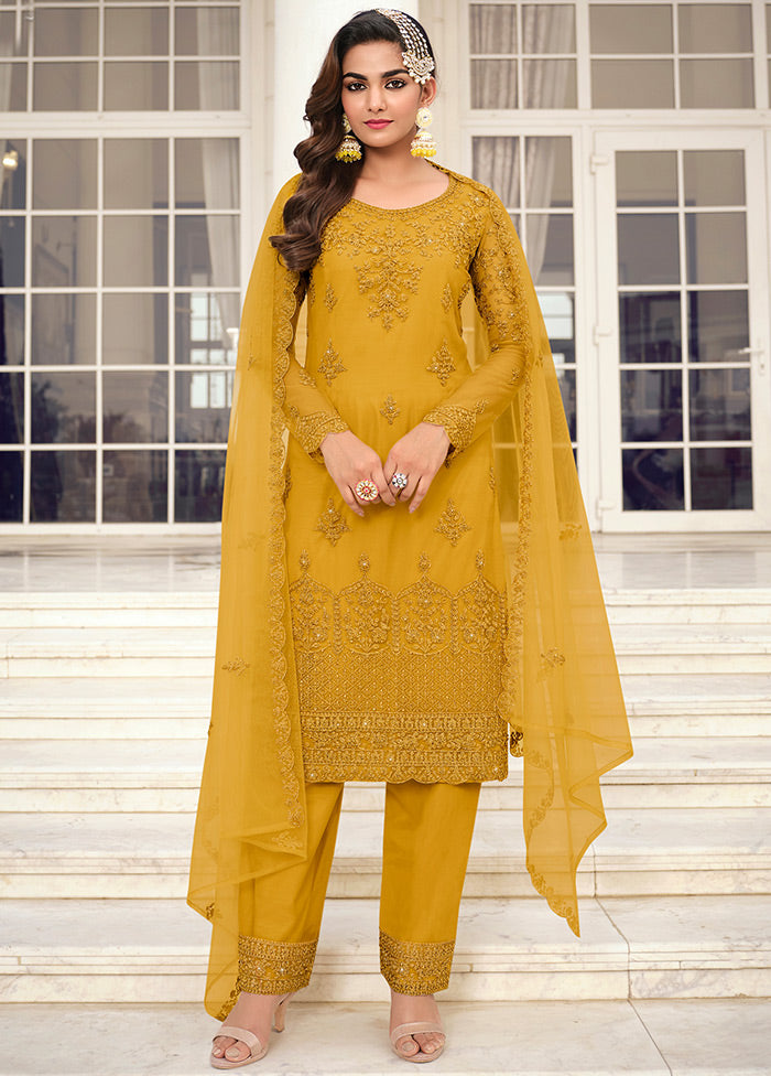 3 Pc Yellow Unstitched Net Suit Set Countdown Package Online