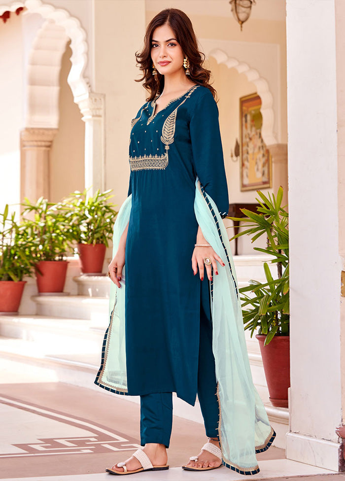 3 Pc Blue Readymade Silk Suit Set Big Discount Cheap Pice