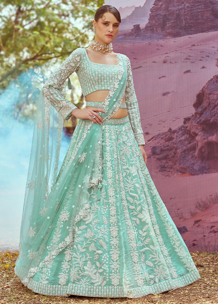 3 Pc Sea Green Silk Semi Stitched Lehenga Set New Arrival For Sale