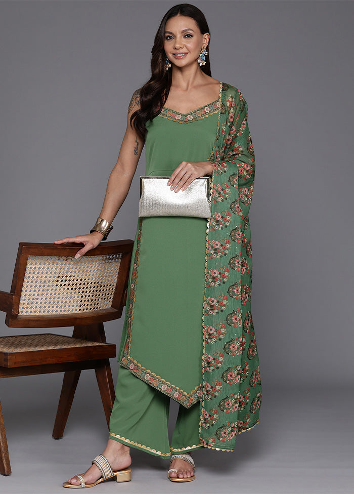 3 Pc Sage Green Readymade Silk Dupatta Suit Set Discount View