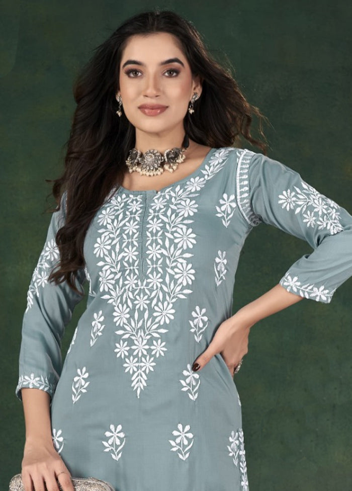 2 Pc Grey Readymade Silk Kurti Set 2025 New