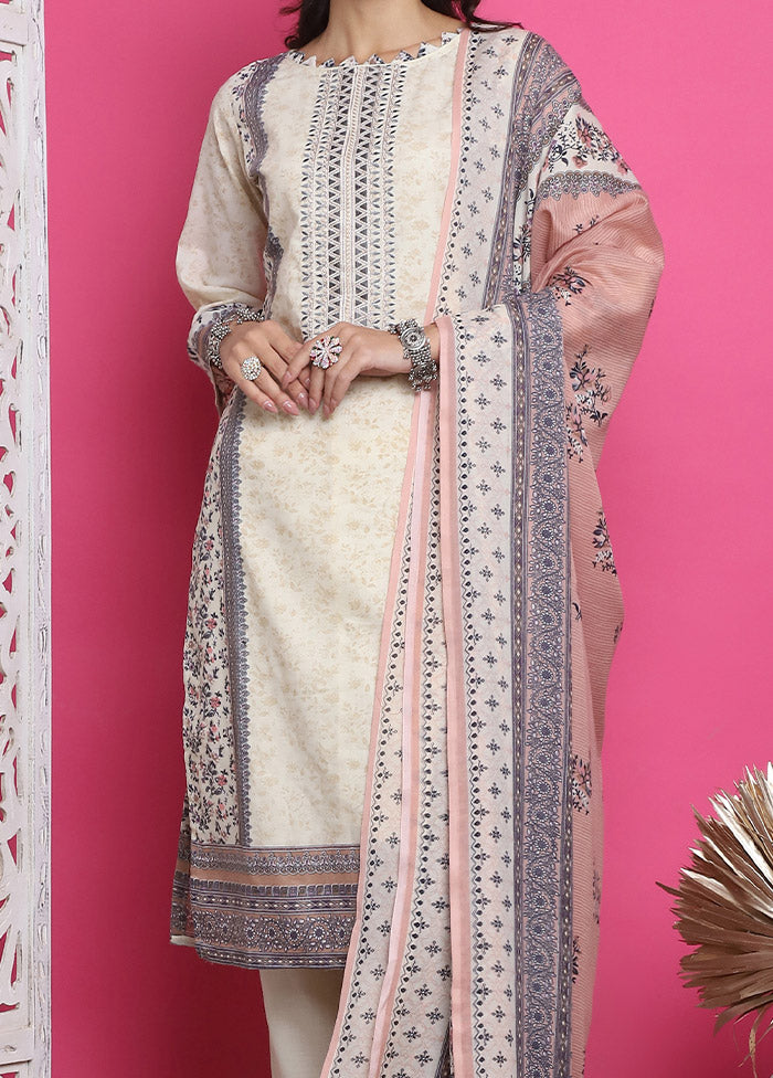 3 Pc Cream Unstitched Cotton Suit Set Sale Fake