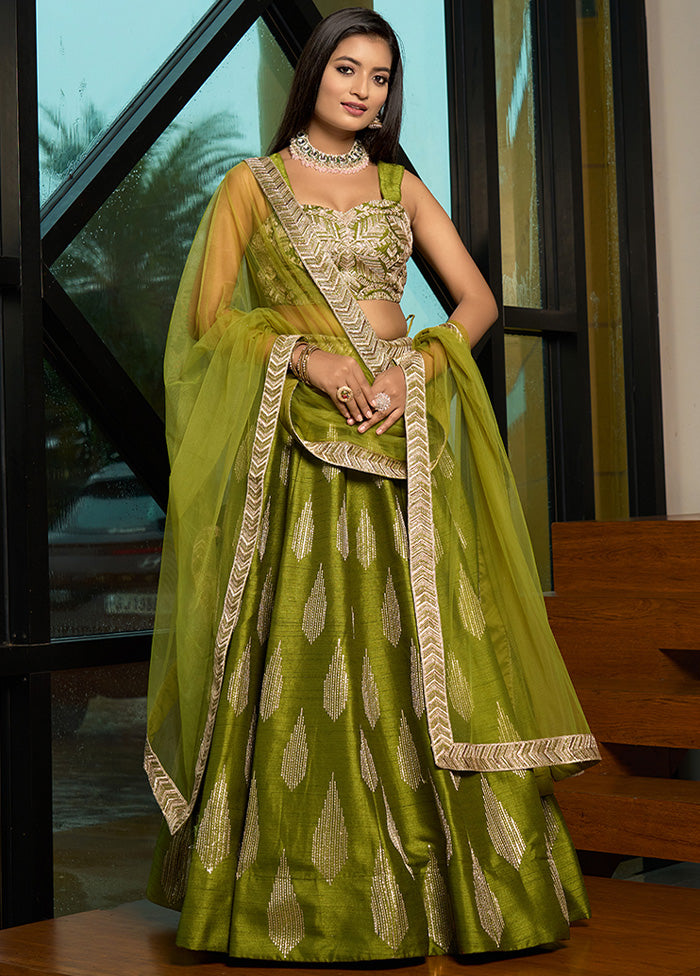 3 Pc Green Silk Semi Stitched Lehenga Set Cheap Visa Payment