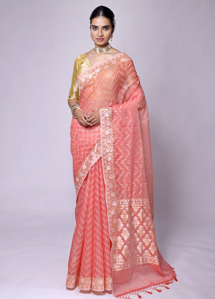 Peach Kora Silk Saree With Blouse Piece Wide Range Of Sale Online