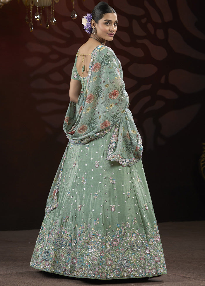 3 Pc Pista Green Silk Semi Stitched Lehenga Set Pices Online