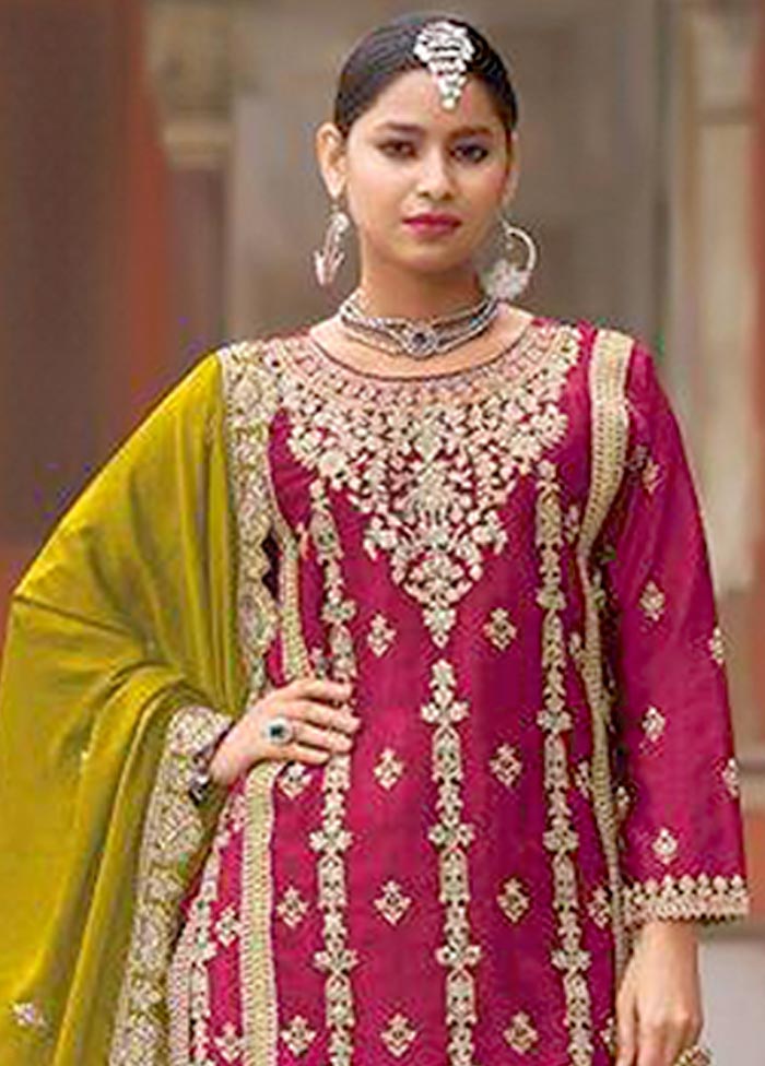 3 Pc Rani Semi Stitched Silk Suit Set Official