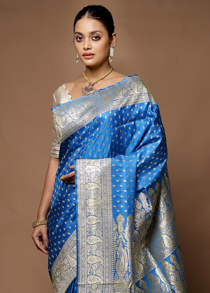 Blue Handloom Banarasi Pure Silk Saree With Blouse Piece Cheap Pirce