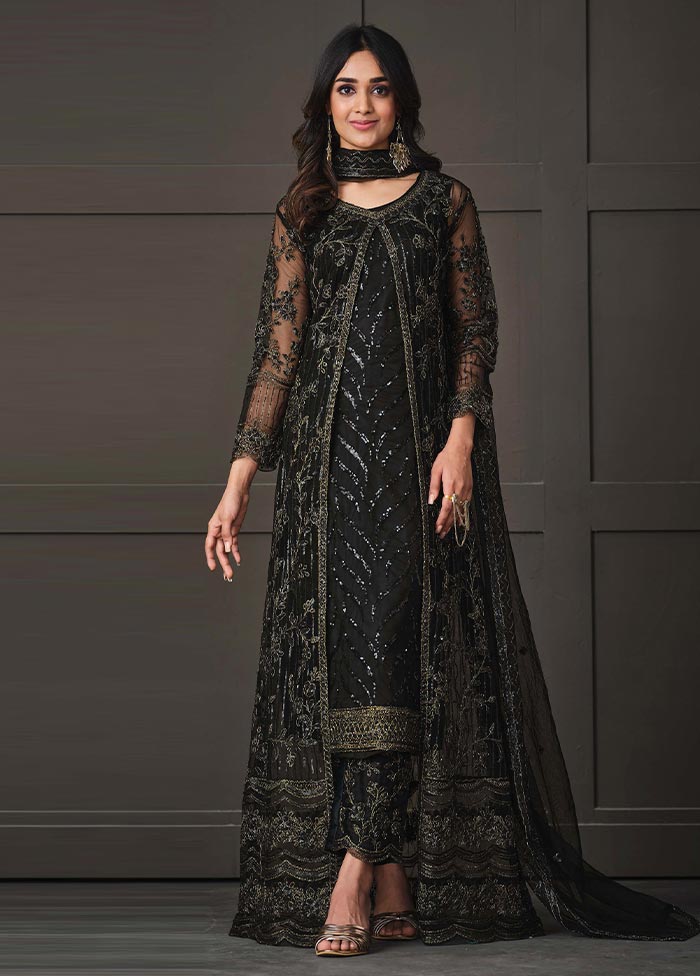 3 Pc Black Semi Stitched Net Suit Set Marketable Cheap Pice