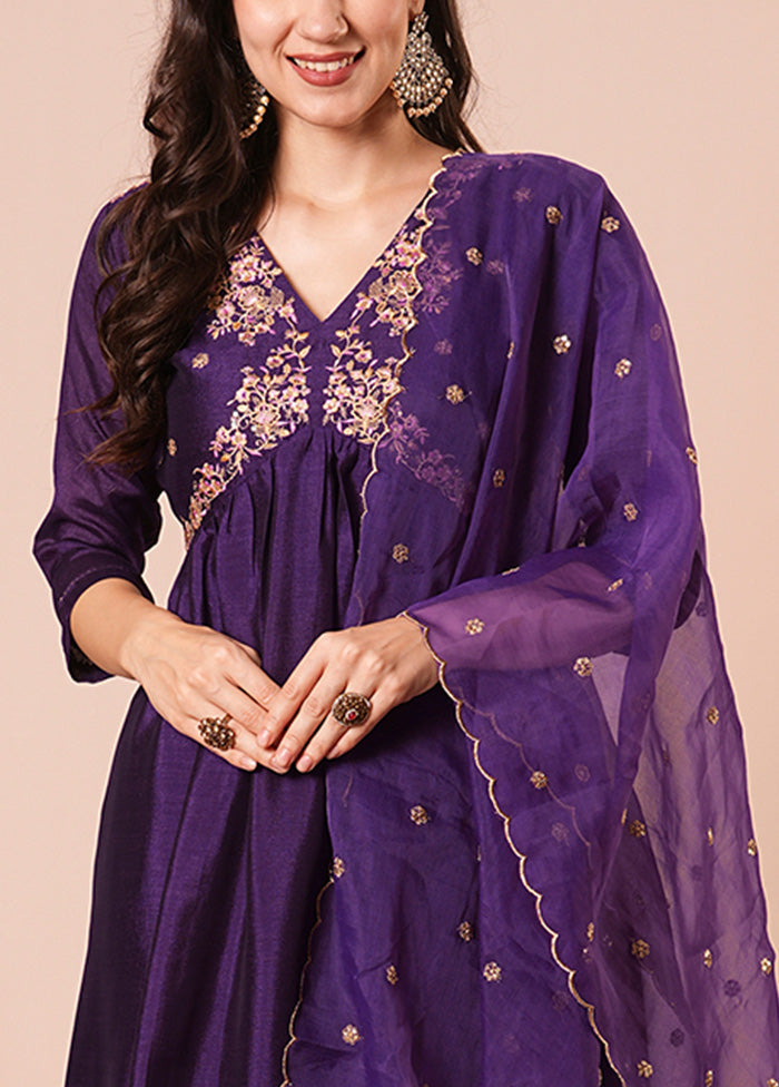 3 Pc Purple Readymade Silk Dupatta Suit Set Cheap Sale Cost