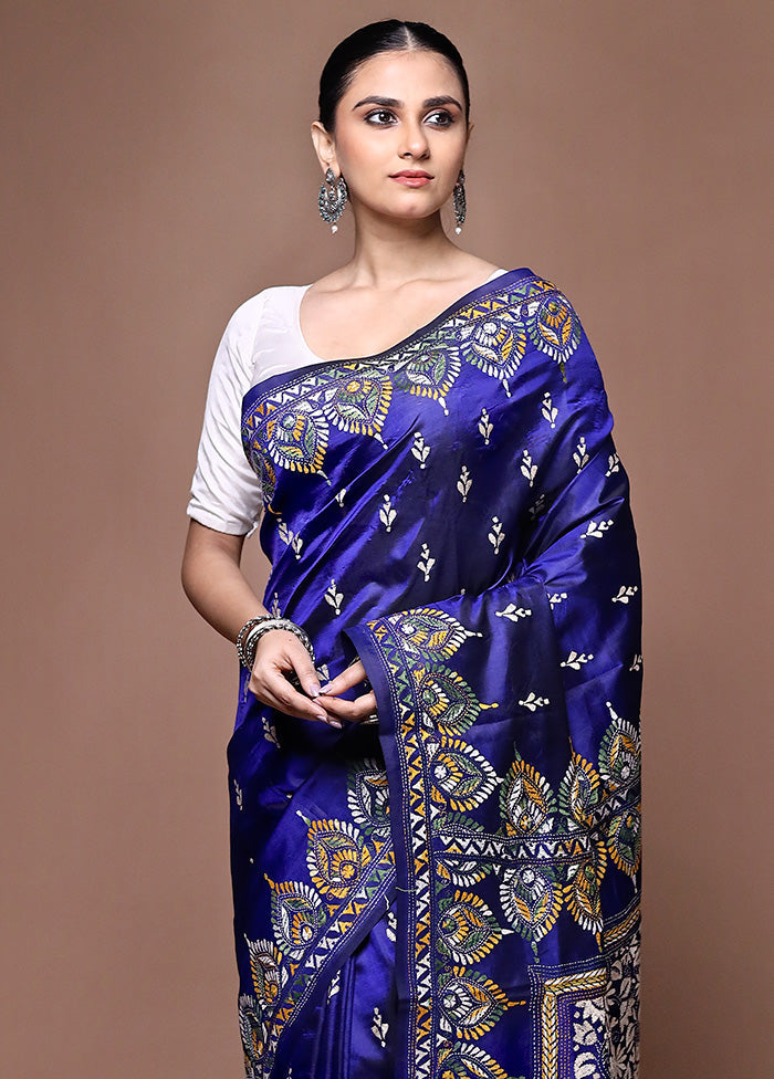 Blue Handloom Kantha Stitch Pure Silk Saree With Blouse Piece Clearance Online Fake