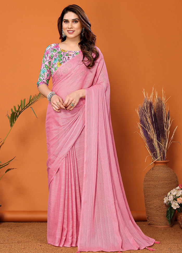 Pink Spun Silk Saree With Blouse Piece Free Shipping With Paypal