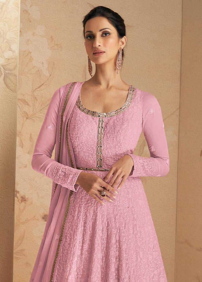 3 Pc Light Pink Semi Stitched Georgette Suit Set Outlet Top Quality