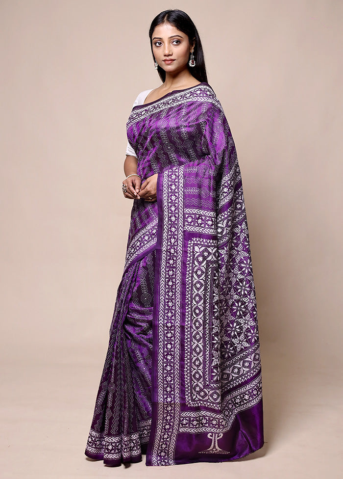 Purple Handloom Kantha Stitch Pure Silk Saree With Blouse Piece Buy Cheap Excellent