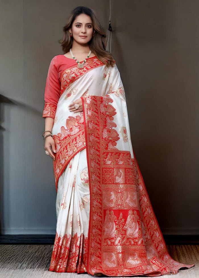 White Banarasi Silk Saree With Blouse Piece Clearance Manchester