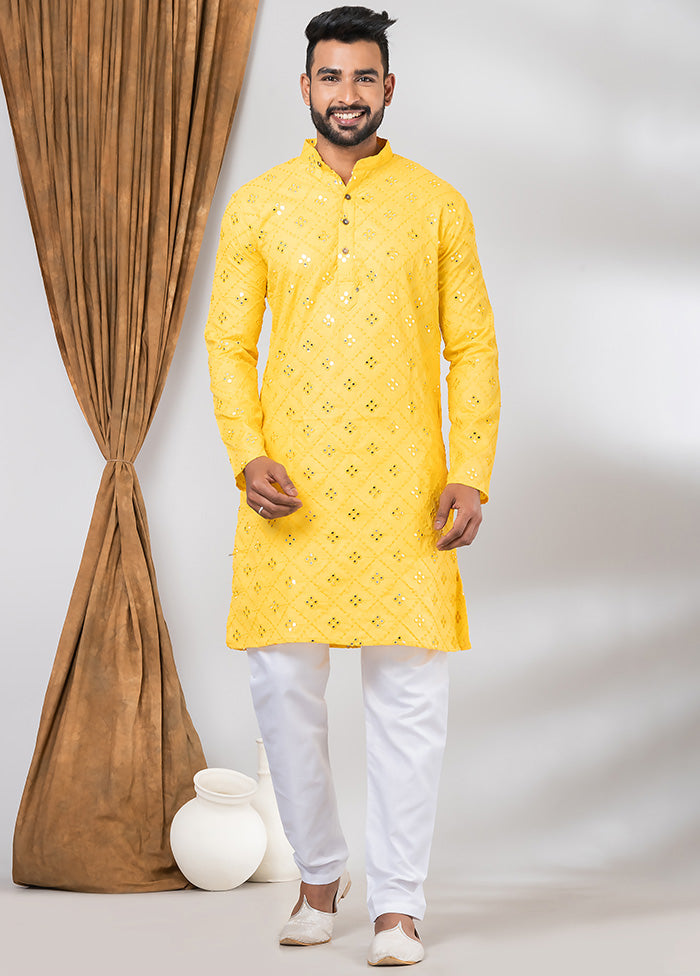 Yellow Cotton Kurta And Pajama Set Authentic