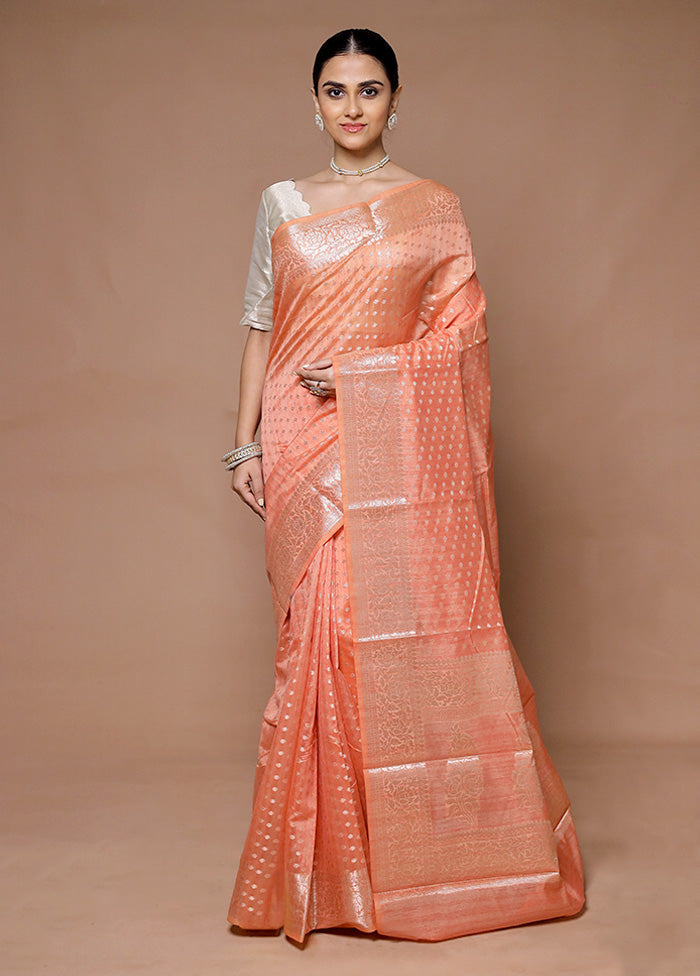 Peach Kora Silk Saree With Blouse Piece Sale Lowest Pice