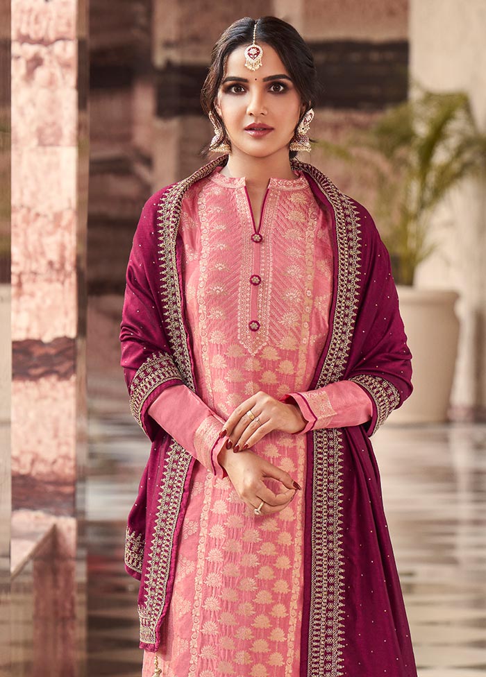 3 Pc Pink Semi Stitched Silk Suit Set Fast Delivery Online