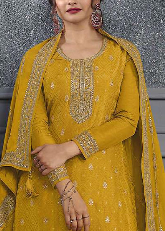 3 Pc Yellow Semi Stitched Silk Suit Set Amazon Cheap Online