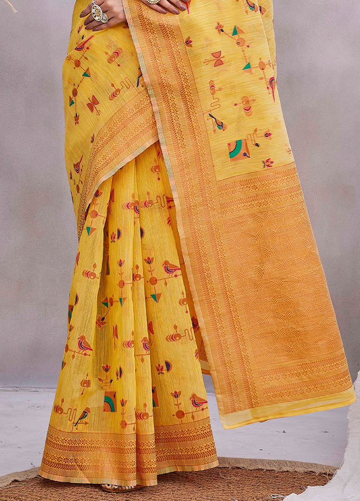 Yellow Linen Silk Saree With Blouse Piece Free Shipping Sale Online