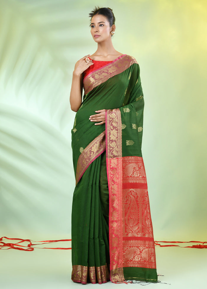 Green Pure Cotton Saree With Blouse Piece Outlet Discount Sale