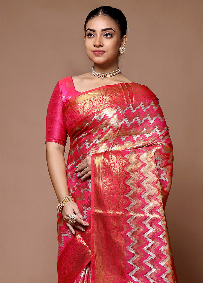 Pink Kanjivaram Silk Saree With Blouse Piece Free Shipping Fashion Style