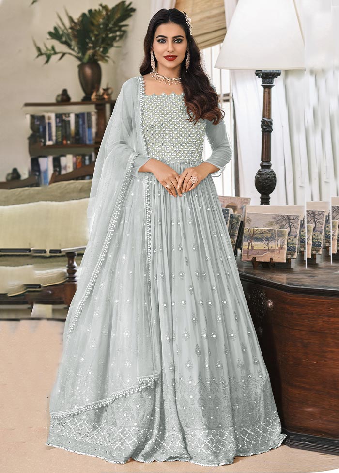 3 Pc Grey Semi Stitched Georgette Suit Set Pay With Visa Sale Online