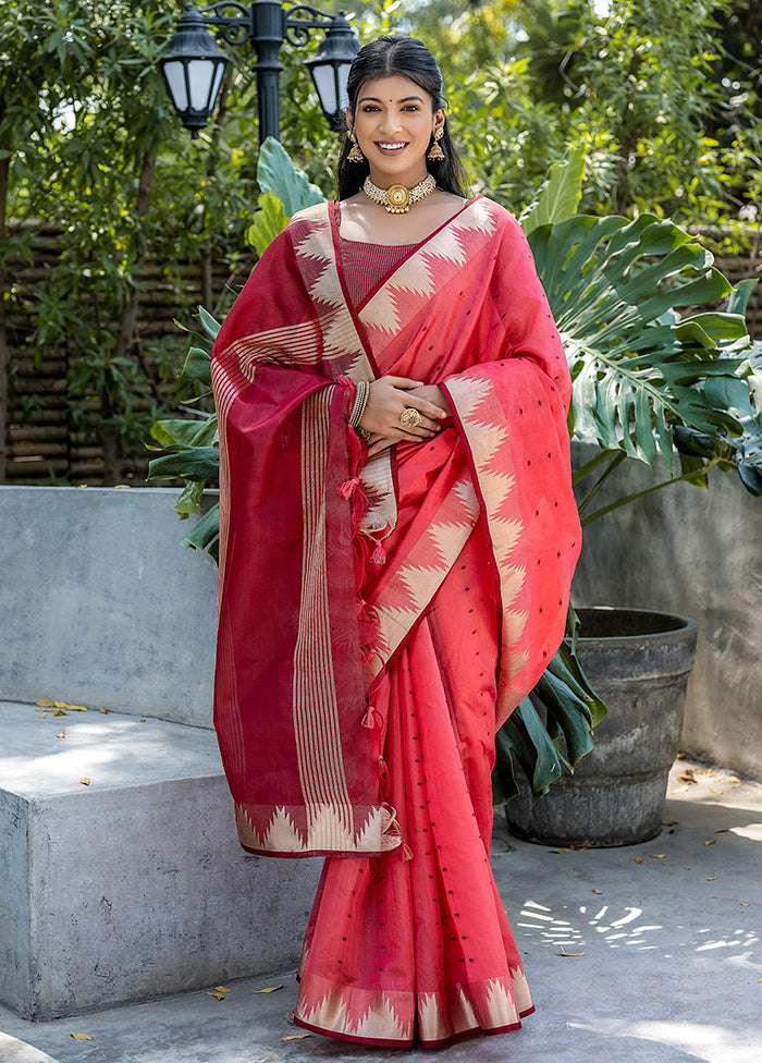 Coral Tussar Silk Saree With Blouse Piece Cheap Online Store