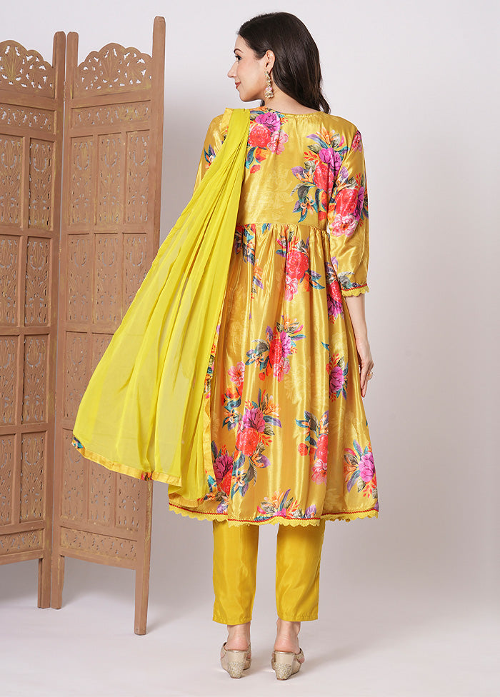 3 Pc Yellow Readymade Silk Dupatta Suit Set Shipping Discount Sale