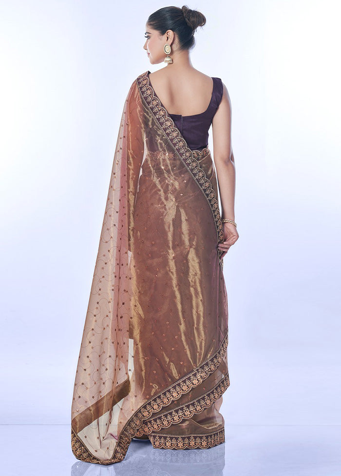 Brown Net Saree With Blouse Piece Free Shipping Geniue Stockist