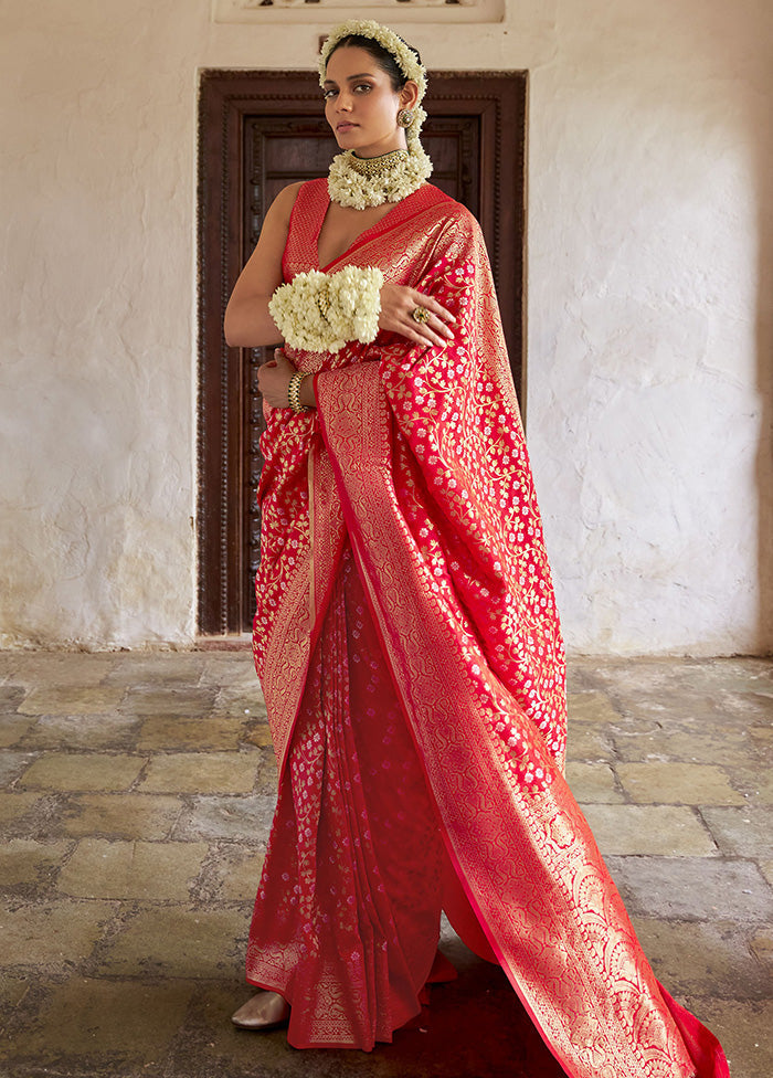 Red Banarasi Silk Saree With Blouse Piece Outlet View